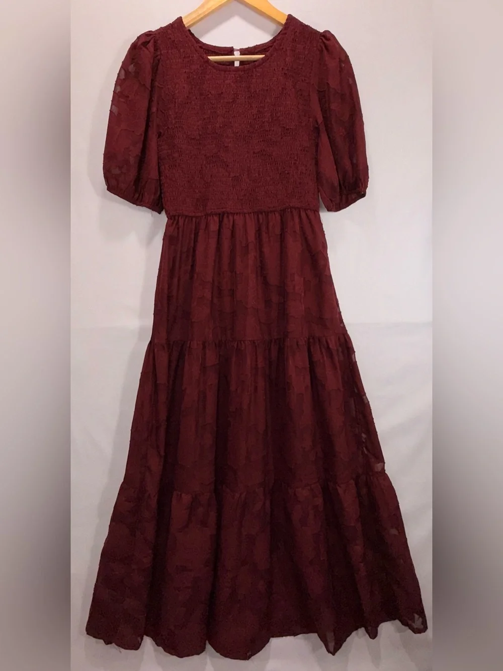 Women's Burgundy Maxi Dress with Puff Sleeves - Picture 2 of 4